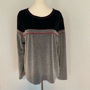 ERIKA Silver Gray with Navy Red Velour Accents Long Sleeve Pullover Top Size PXL